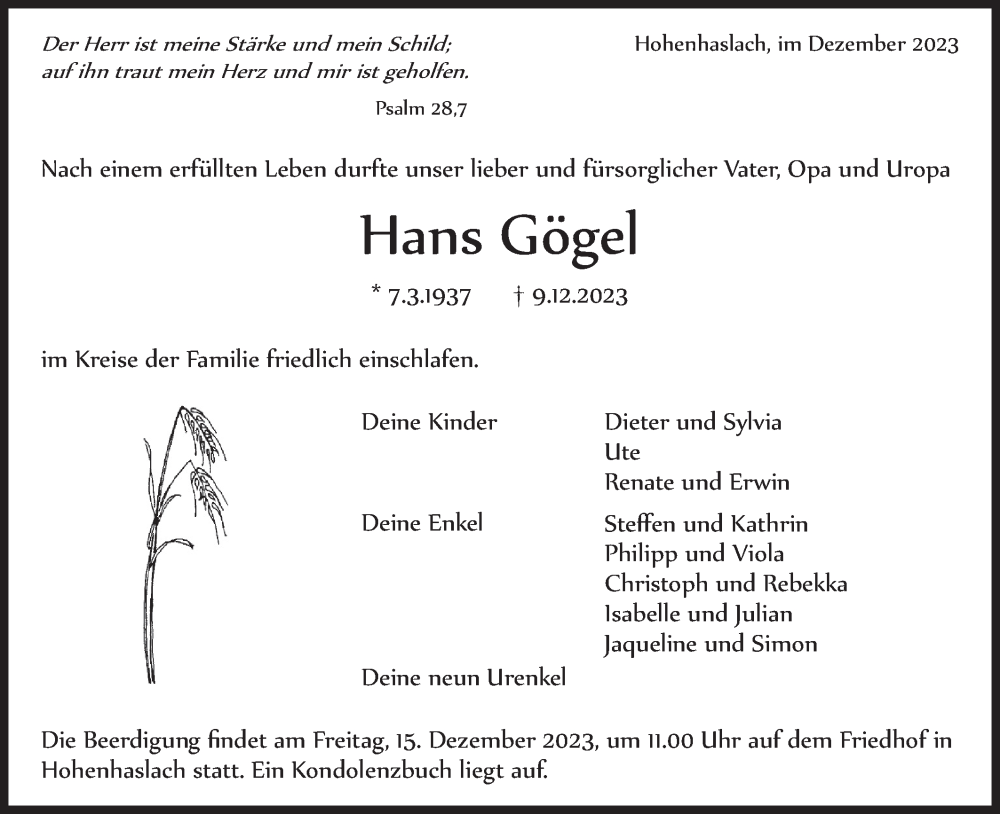  Traueranzeige für Hans Gögel vom 13.12.2023 aus Bietigheimer Zeitung