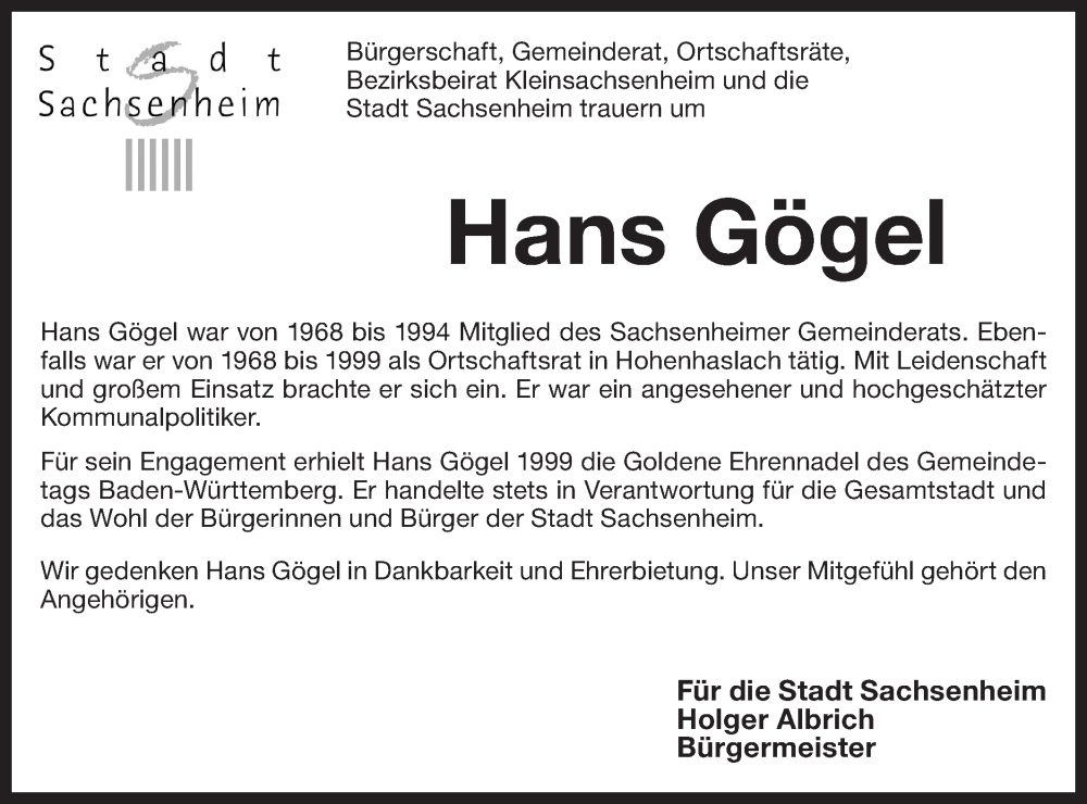  Traueranzeige für Hans Gögel vom 15.12.2023 aus Bietigheimer Zeitung