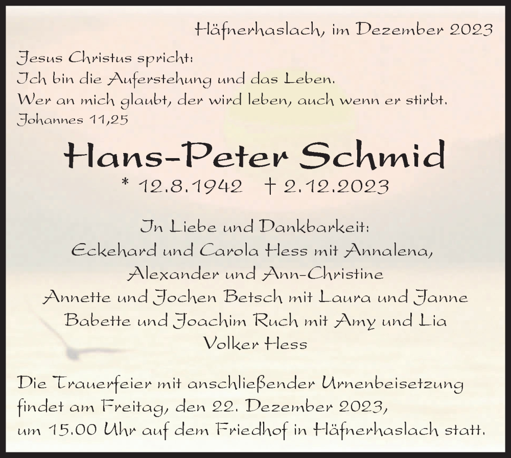  Traueranzeige für Hans-Peter Schmid vom 16.12.2023 aus Bietigheimer Zeitung