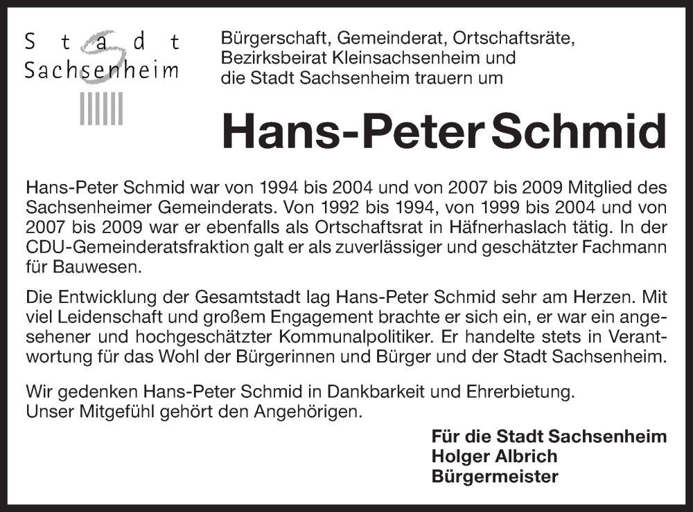  Traueranzeige für Hans Peter Schmid vom 21.12.2023 aus Bietigheimer Zeitung