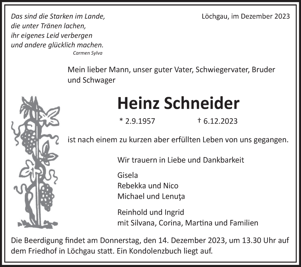  Traueranzeige für Heinz Schneider vom 12.12.2023 aus Bietigheimer Zeitung