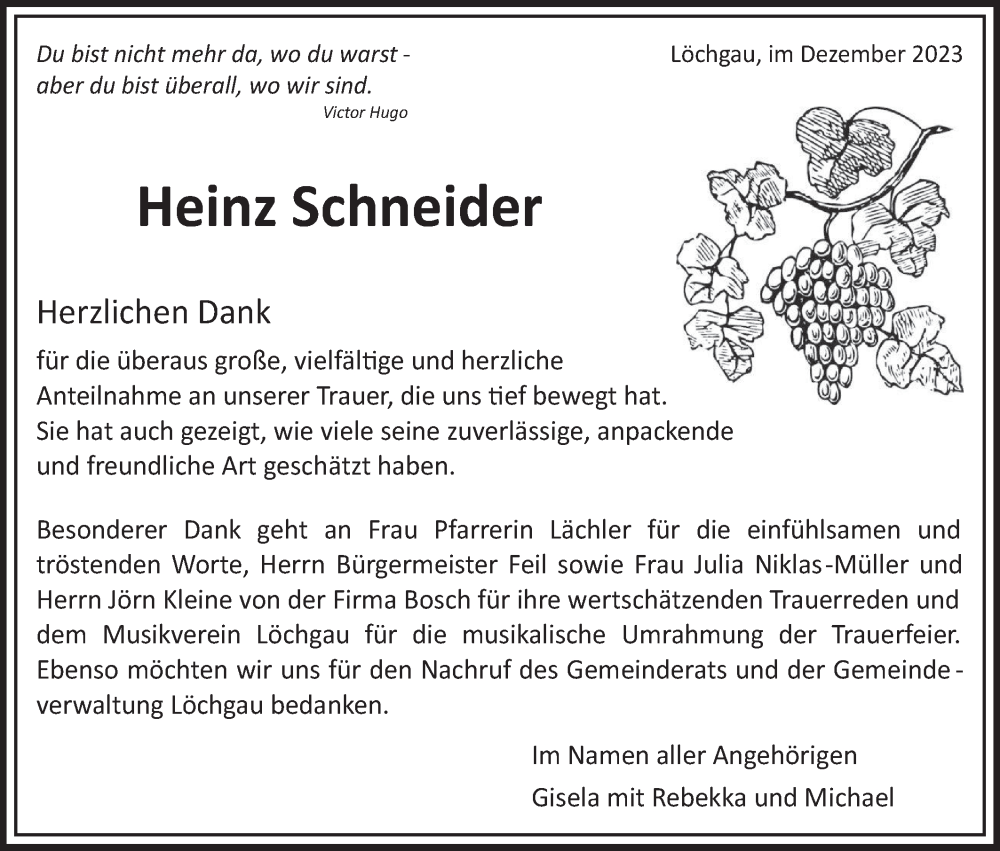  Traueranzeige für Heinz Schneider vom 22.12.2023 aus Bietigheimer Zeitung
