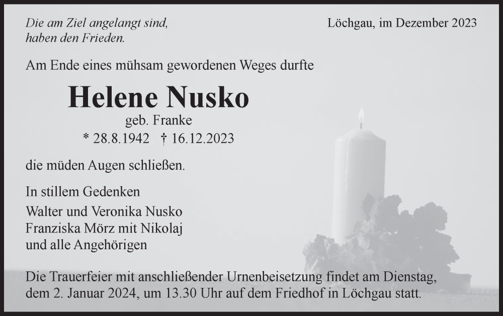 Traueranzeige für Helene Nusko vom 28.12.2023 aus Bietigheimer Zeitung