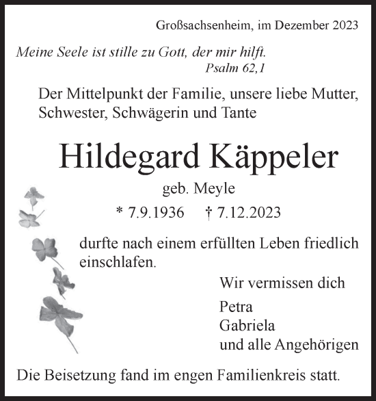 Traueranzeige von Hildegard Käppeler von Bietigheimer Zeitung
