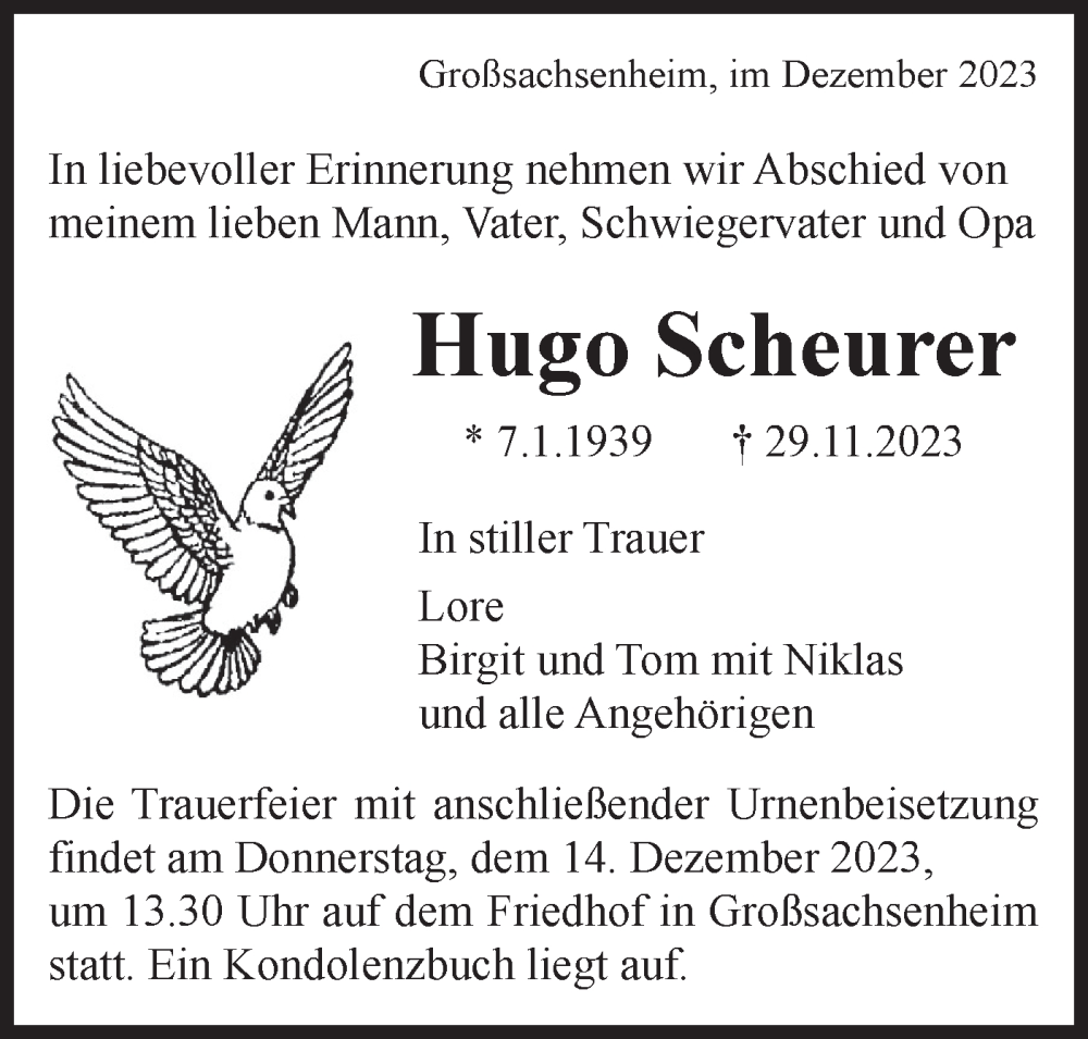  Traueranzeige für Hugo Scheurer vom 11.12.2023 aus Bietigheimer Zeitung