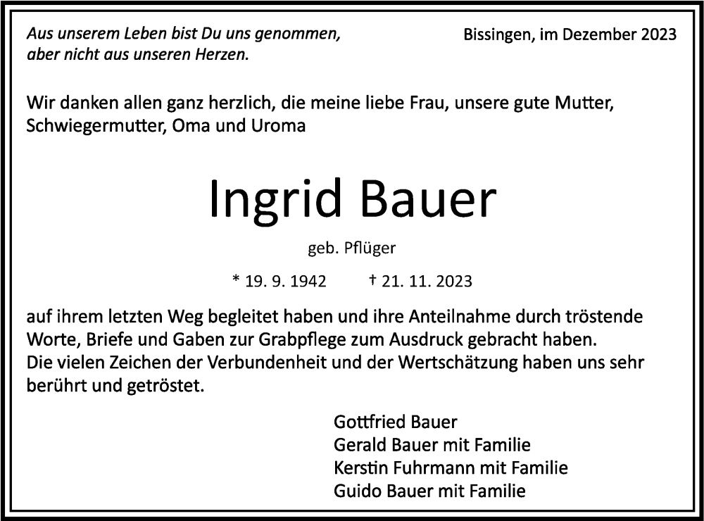  Traueranzeige für Ingrid Bauer vom 19.12.2023 aus Bietigheimer Zeitung