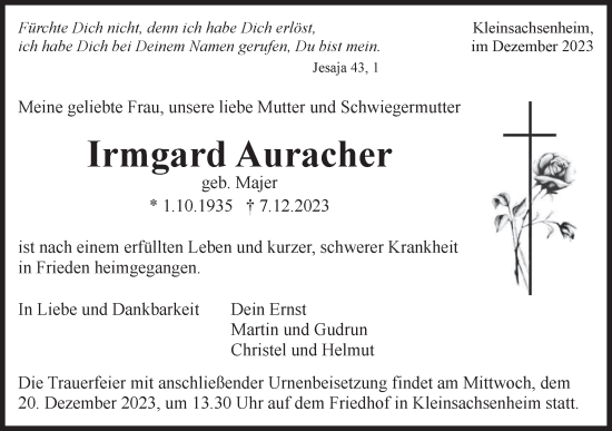 Traueranzeige von Irmgard Auracher von Bietigheimer Zeitung