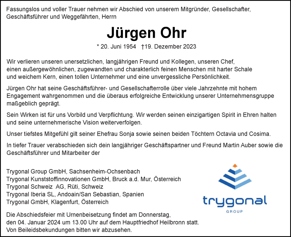  Traueranzeige für Jürgen Ohr vom 30.12.2023 aus Bietigheimer Zeitung