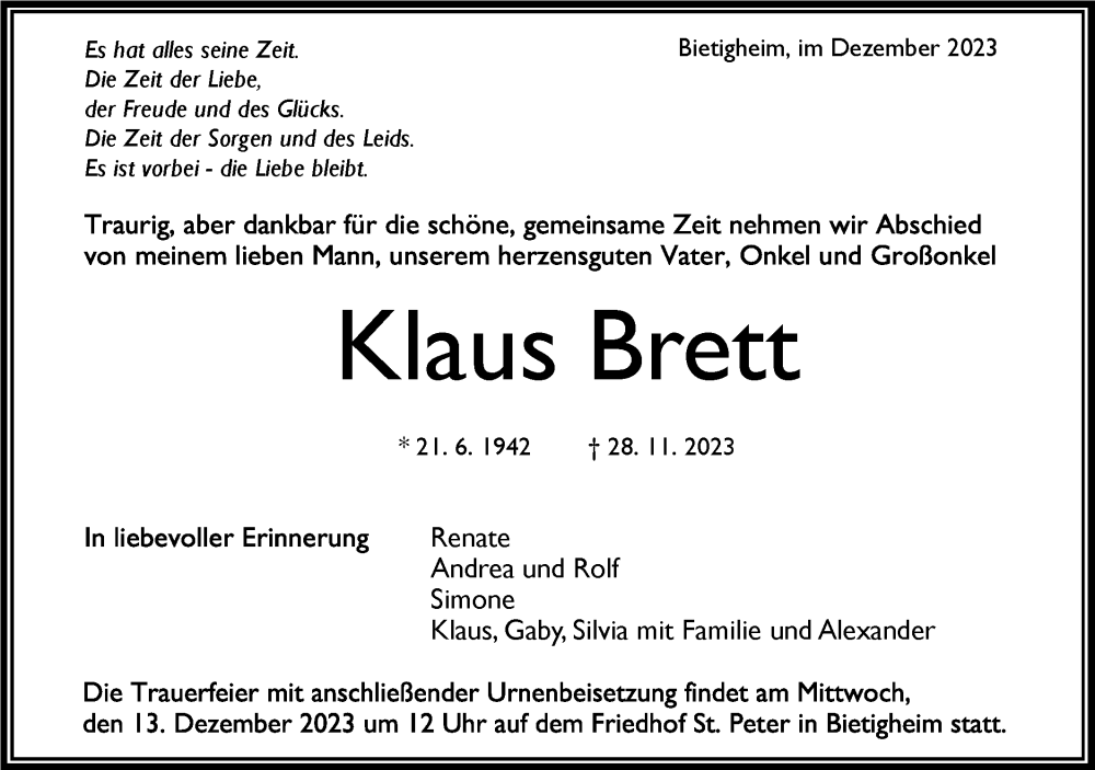 Traueranzeige für Klaus Brett vom 07.12.2023 aus Bietigheimer Zeitung