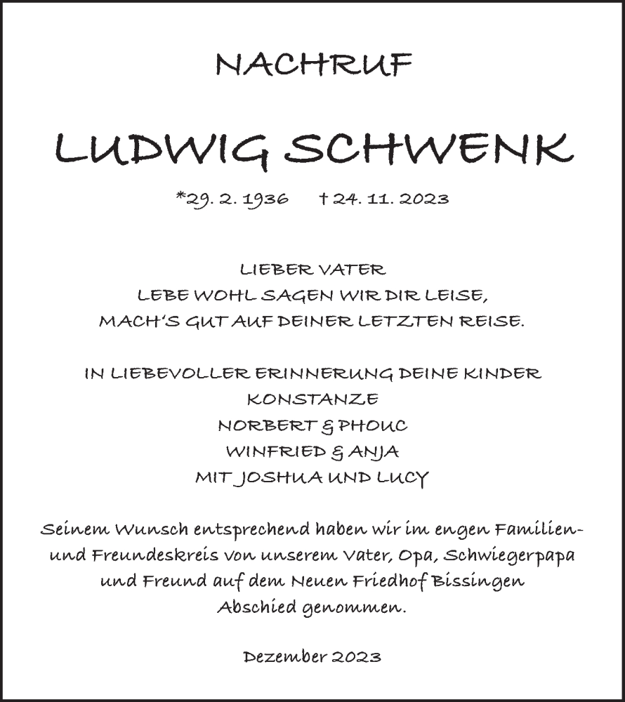  Traueranzeige für Ludwig Schwenk vom 15.12.2023 aus Bietigheimer Zeitung