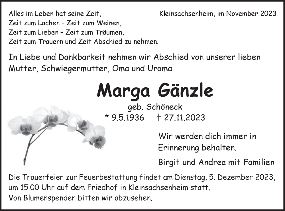 Traueranzeige für Marga Gänzle vom 02.12.2023 aus Bietigheimer Zeitung