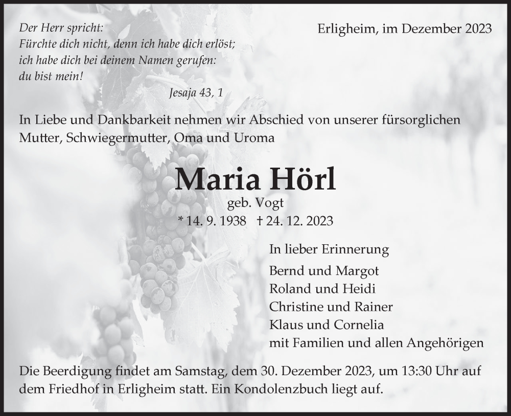  Traueranzeige für Maria Hörl vom 28.12.2023 aus Bietigheimer Zeitung