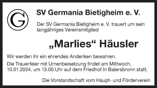 Traueranzeige von Marlies Häusler von Bietigheimer Zeitung