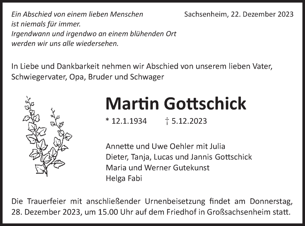  Traueranzeige für Martin Gottschick vom 22.12.2023 aus Bietigheimer Zeitung