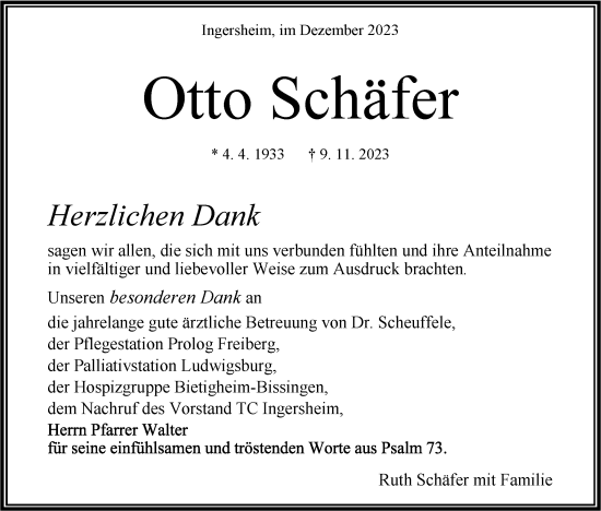 Traueranzeige von Otto Schäfer von Bietigheimer Zeitung