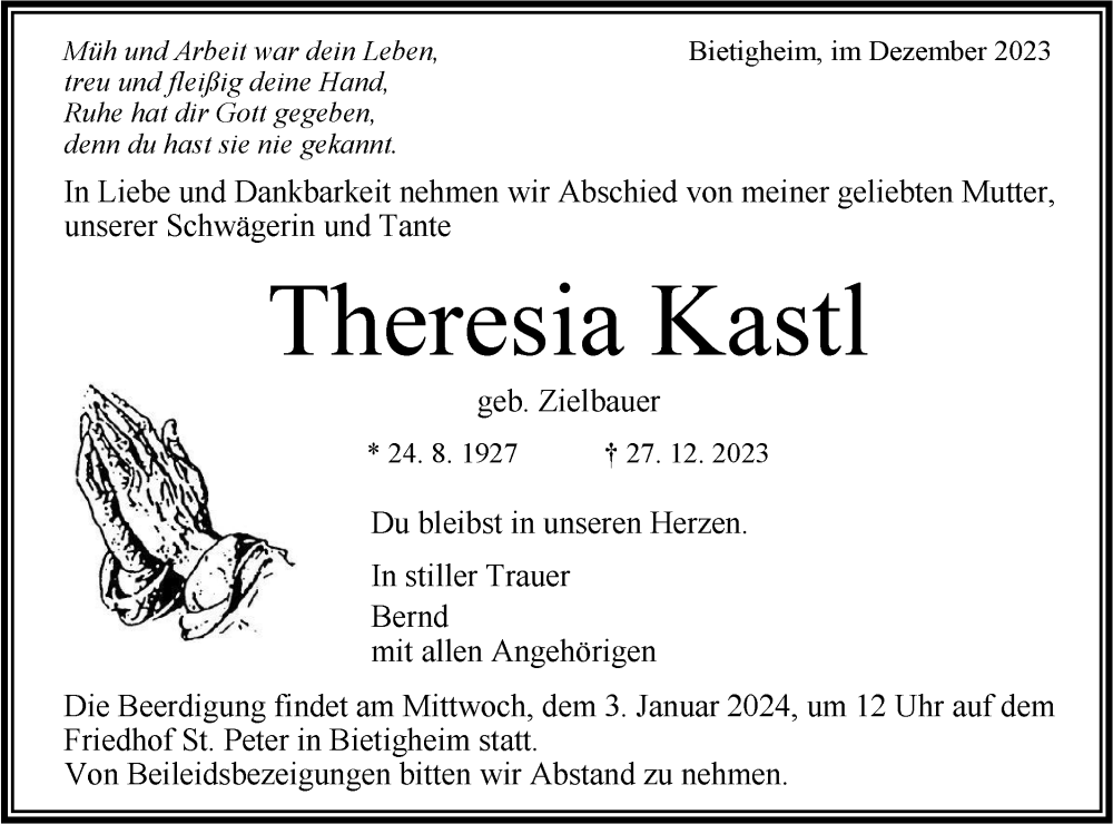  Traueranzeige für Theresia Kastl vom 30.12.2023 aus Bietigheimer Zeitung