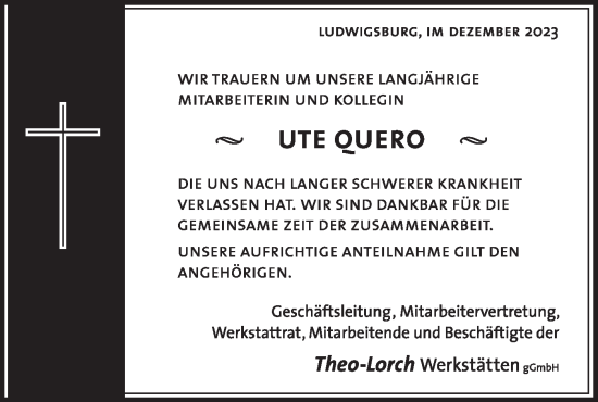 Traueranzeige von Ute Quero von Bietigheimer Zeitung