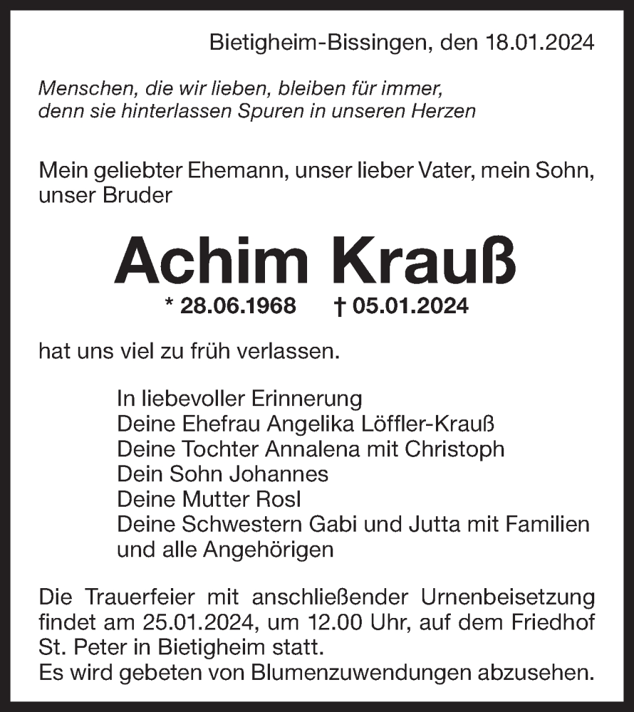 Traueranzeige für Achim Krauß vom 18.01.2024 aus Bietigheimer Zeitung