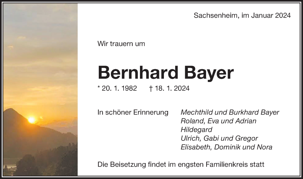  Traueranzeige für Bernhard Bayer vom 27.01.2024 aus Bietigheimer Zeitung