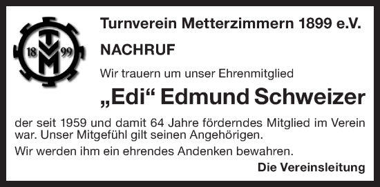 Traueranzeige von Edmund Schweizer von Bietigheimer Zeitung