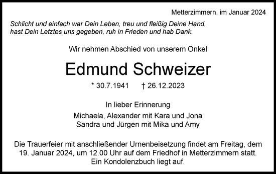 Traueranzeige von Edmund Schweizer von Bietigheimer Zeitung