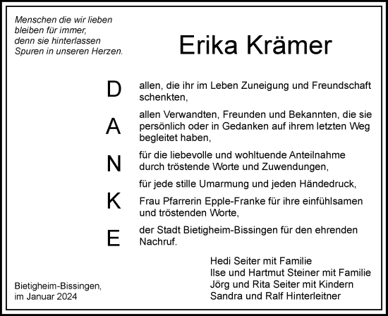 Traueranzeige von Erika  Krämer von Bietigheimer Zeitung
