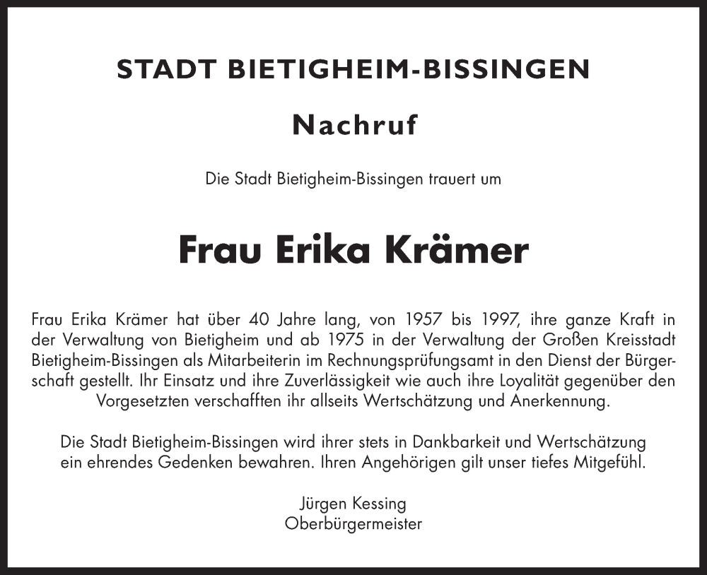  Traueranzeige für Erika  Krämer vom 18.01.2024 aus Bietigheimer Zeitung