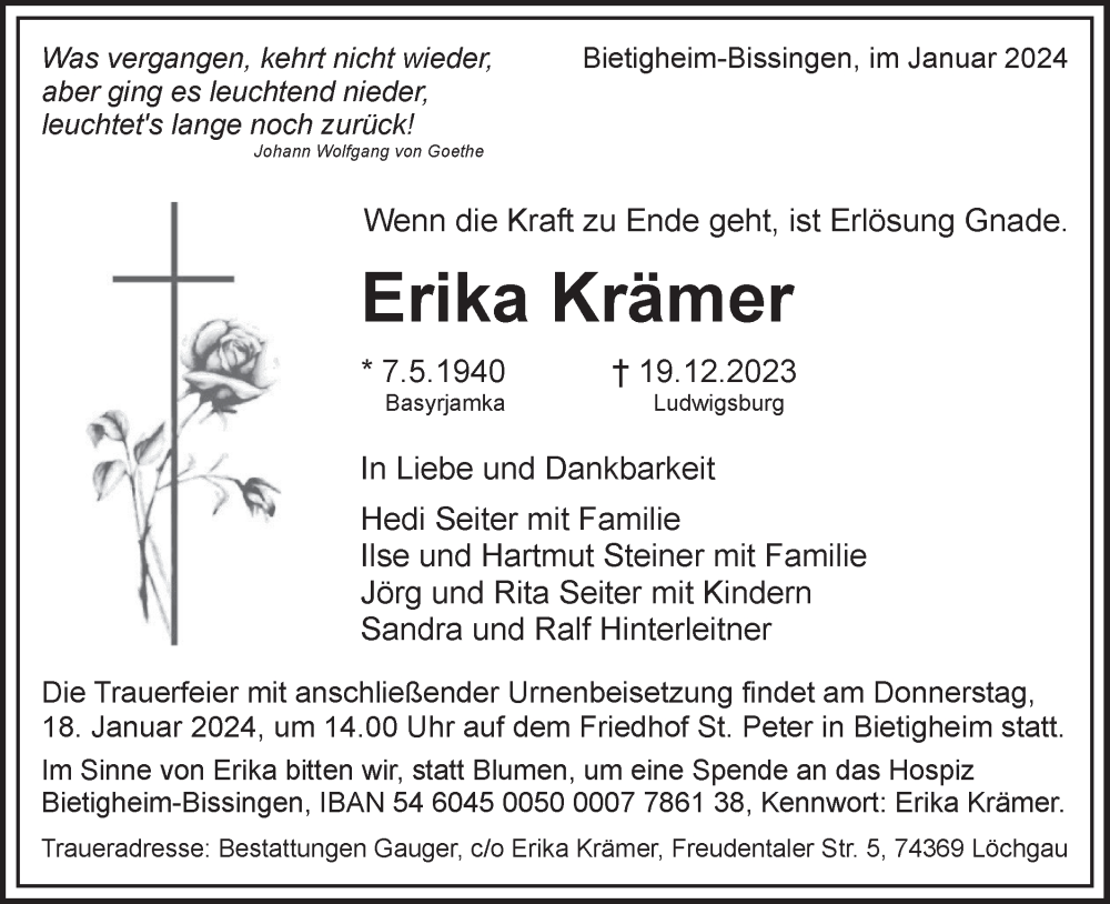  Traueranzeige für Erika  Krämer vom 11.01.2024 aus Bietigheimer Zeitung