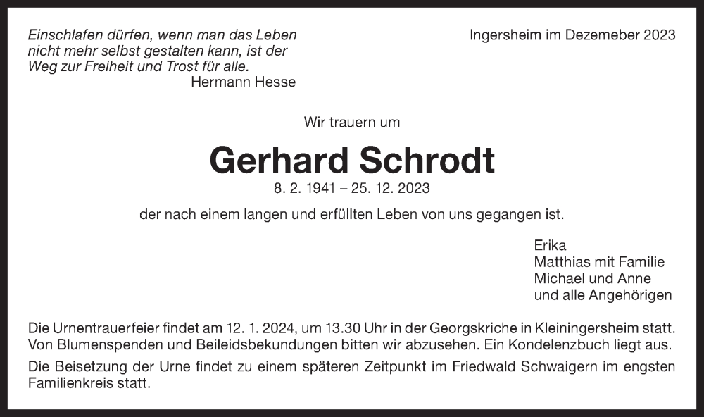  Traueranzeige für Gerhard Schrodt vom 08.01.2024 aus Bietigheimer Zeitung