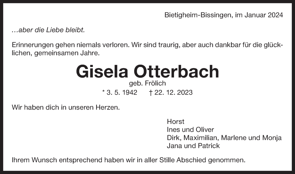  Traueranzeige für Gisela Otterbach vom 16.01.2024 aus Bietigheimer Zeitung