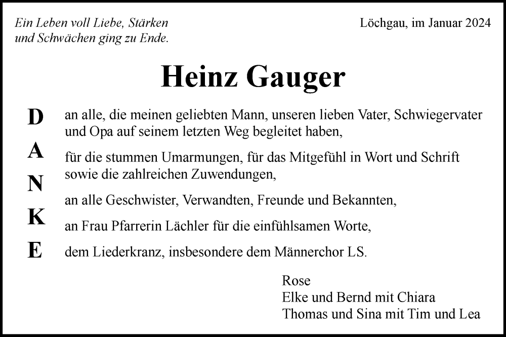  Traueranzeige für Heinz Gauger vom 27.01.2024 aus Bietigheimer Zeitung