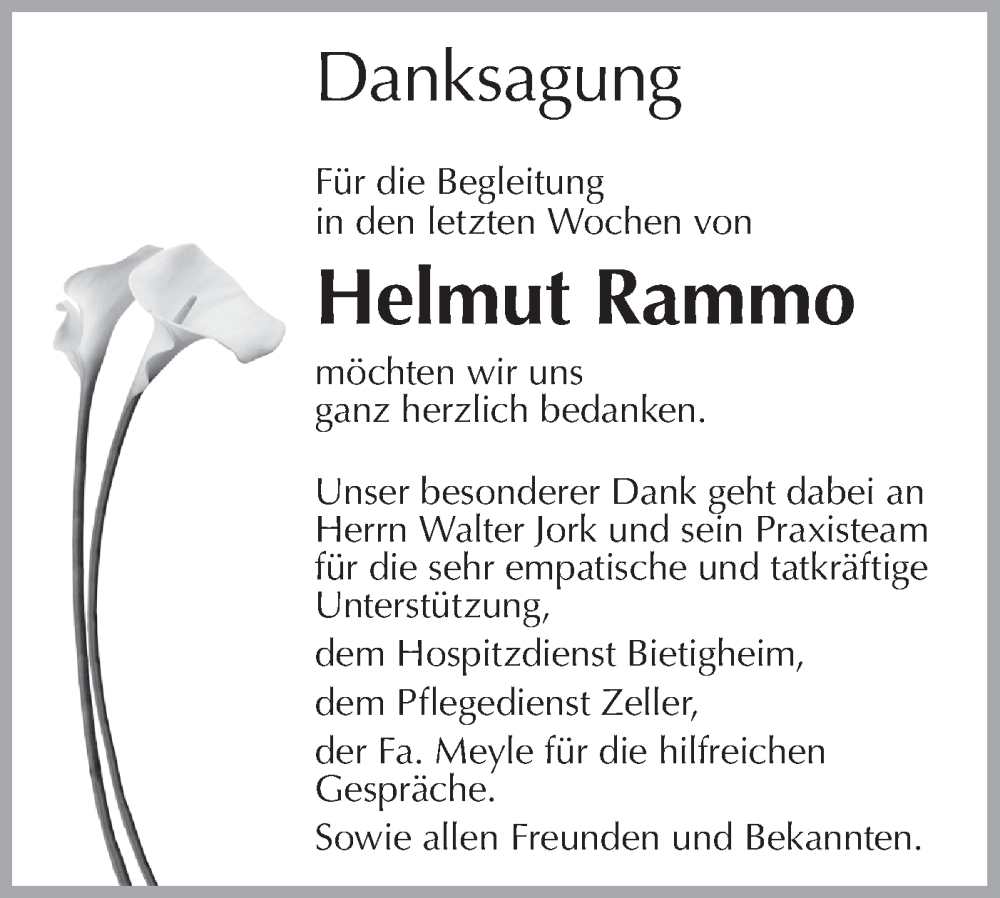  Traueranzeige für Helmut Rammo vom 13.01.2024 aus Bietigheimer Zeitung