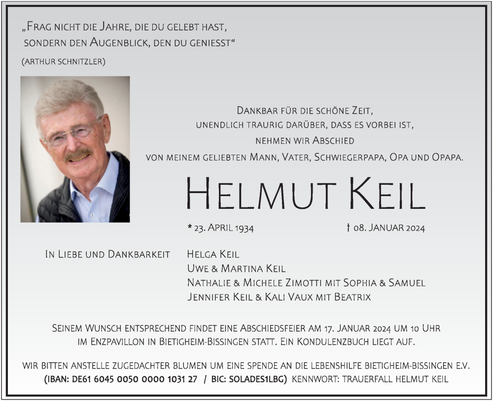  Traueranzeige für Helmut Keil  vom 13.01.2024 aus Bietigheimer Zeitung