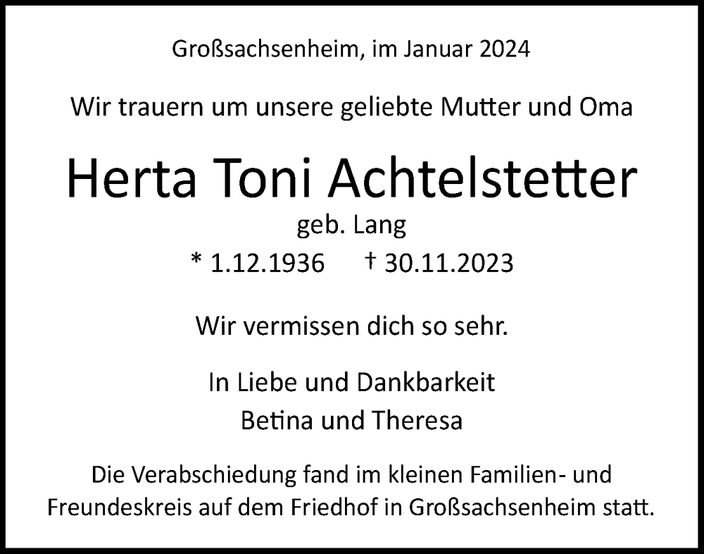  Traueranzeige für Herta Toni Achtelstetter vom 05.01.2024 aus Bietigheimer Zeitung