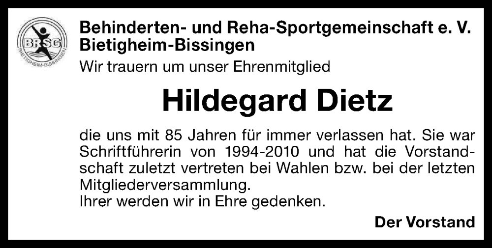  Traueranzeige für Hildegard Dietz vom 08.01.2024 aus Bietigheimer Zeitung
