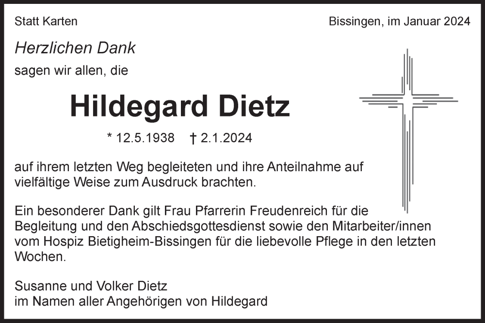  Traueranzeige für Hildegard Dietz vom 09.01.2024 aus Bietigheimer Zeitung