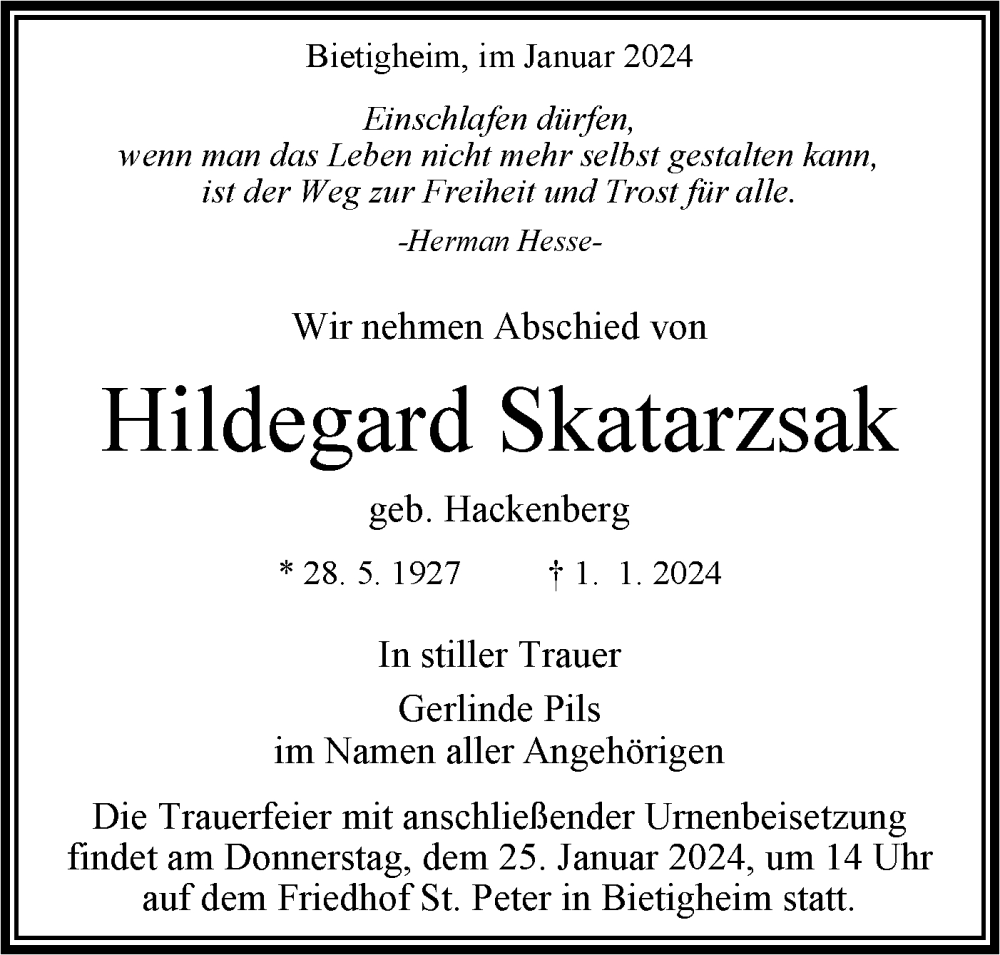  Traueranzeige für Hildegard Skatarzsak vom 20.01.2024 aus Bietigheimer Zeitung