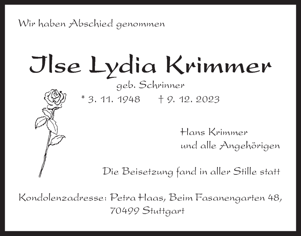  Traueranzeige für Ilse  Krimmer vom 17.01.2024 aus Bietigheimer Zeitung