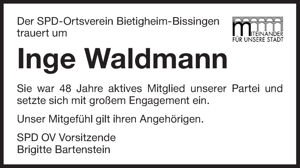  Traueranzeige für Inge Waldmann vom 12.01.2024 aus Bietigheimer Zeitung