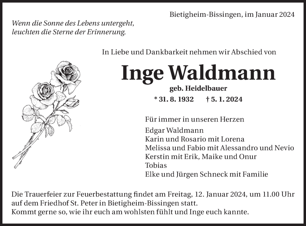  Traueranzeige für Inge Waldmann vom 10.01.2024 aus Bietigheimer Zeitung