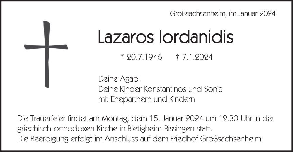  Traueranzeige für Lazaros Iordanidis vom 10.01.2024 aus Bietigheimer Zeitung