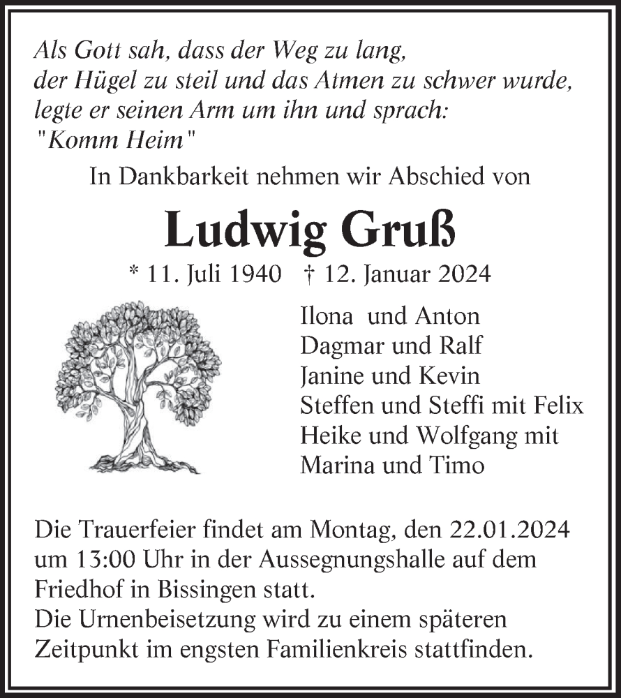  Traueranzeige für Ludwig Gruß vom 17.01.2024 aus Bietigheimer Zeitung