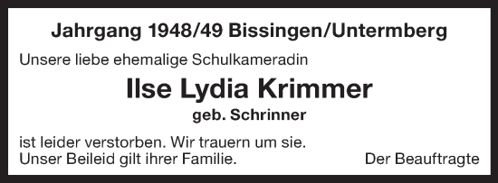 Traueranzeige von Lydia Krimmer von Bietigheimer Zeitung