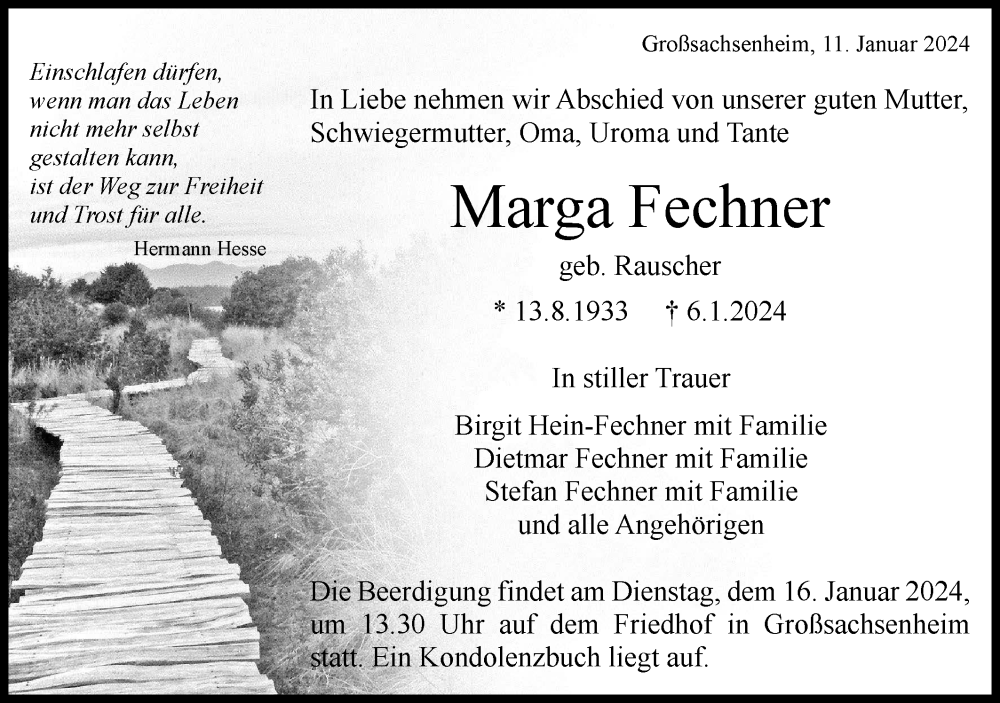  Traueranzeige für Marga Fechner vom 11.01.2024 aus Bietigheimer Zeitung