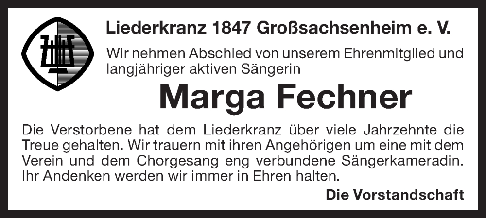  Traueranzeige für Marga Fechner vom 12.01.2024 aus Bietigheimer Zeitung