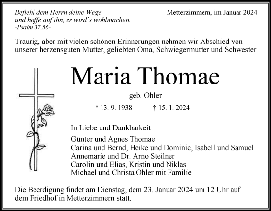 Traueranzeige von Maria Thomae von Bietigheimer Zeitung