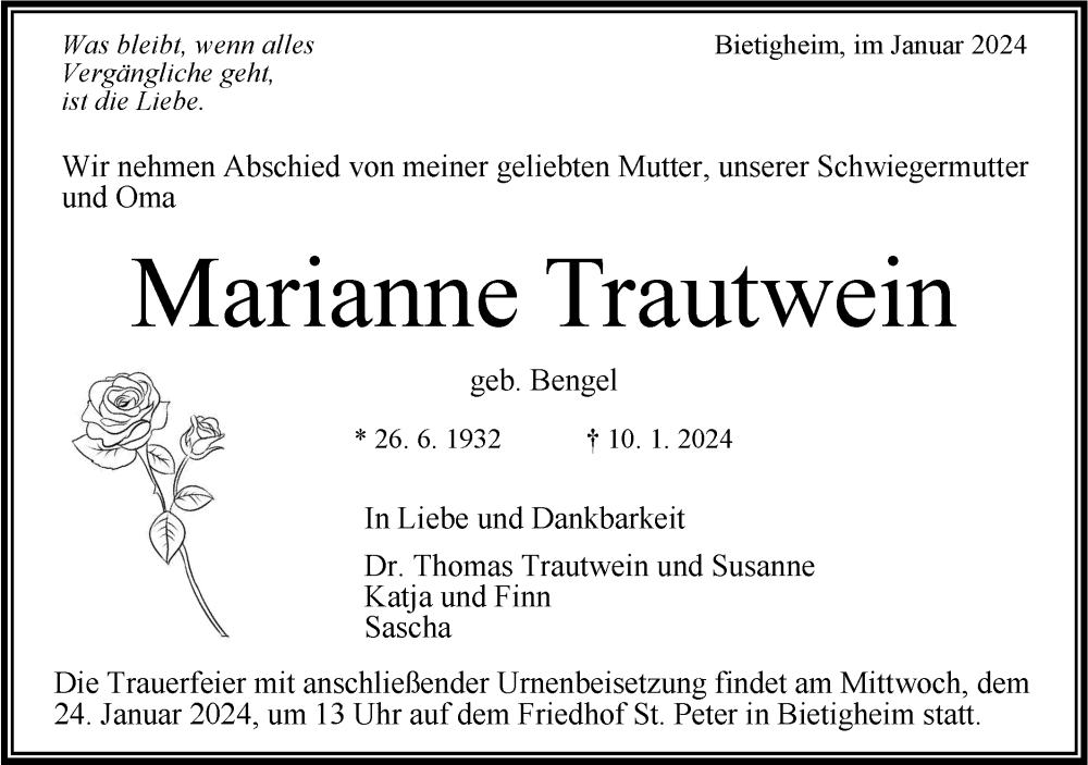  Traueranzeige für Marianne Trautwein vom 20.01.2024 aus Bietigheimer Zeitung
