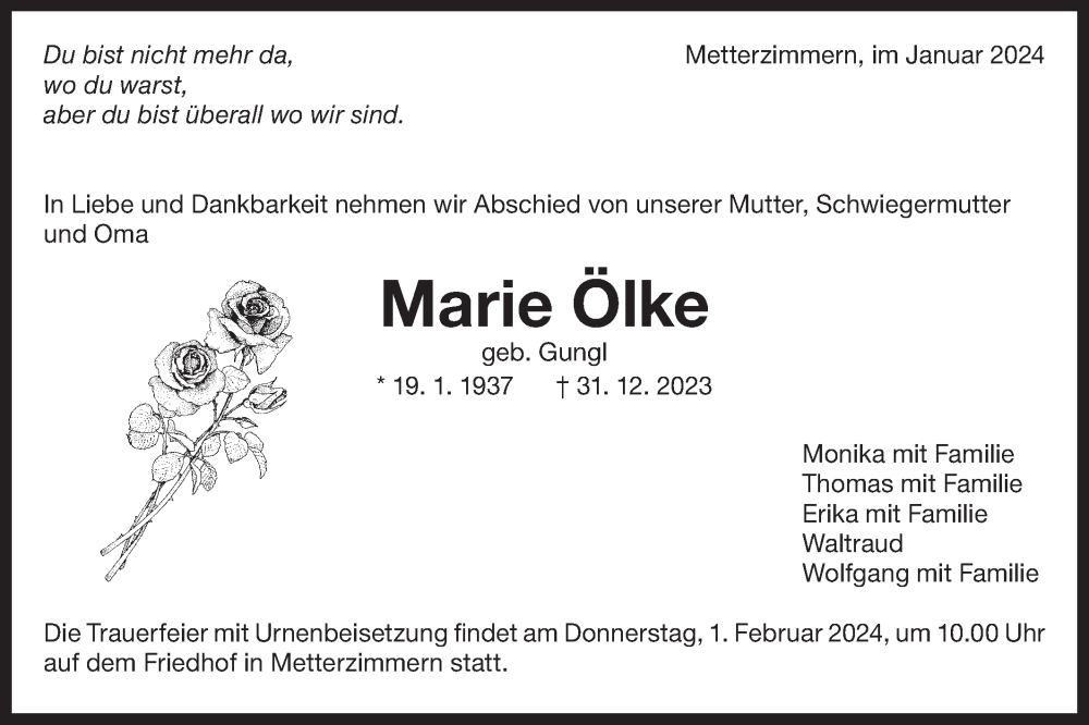  Traueranzeige für Marie Ölke vom 27.01.2024 aus Bietigheimer Zeitung