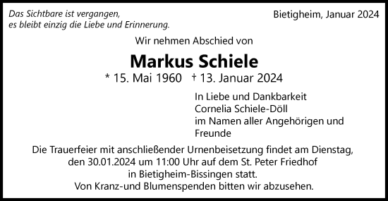 Traueranzeige von Markus Schiele von Bietigheimer Zeitung