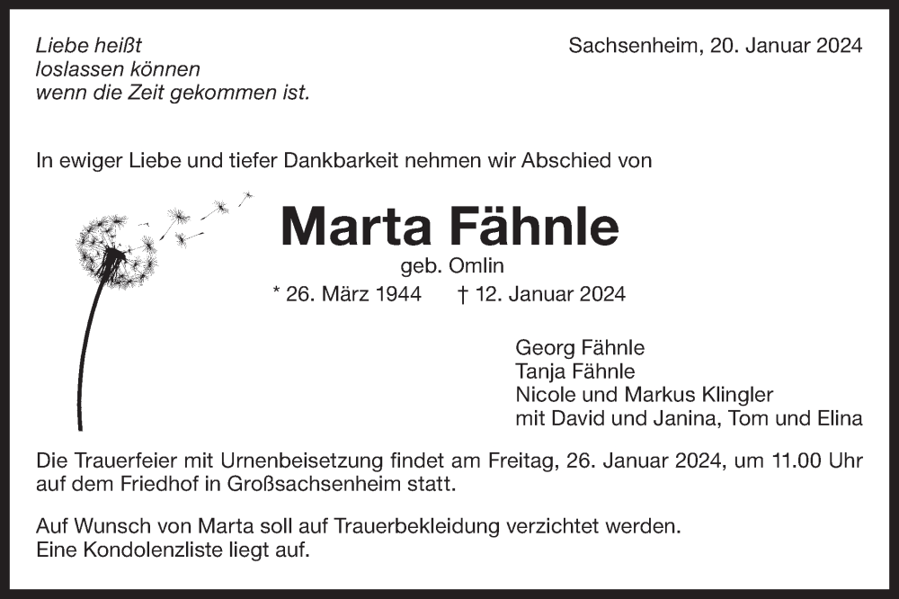  Traueranzeige für Marta Fähnle vom 20.01.2024 aus Bietigheimer Zeitung